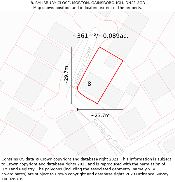 8, SALISBURY CLOSE, MORTON, GAINSBOROUGH, DN21 3GB: Plot and title map