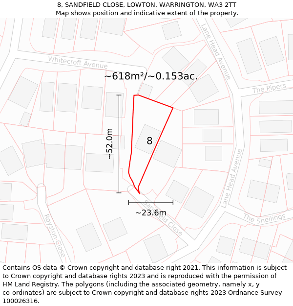 8, SANDFIELD CLOSE, LOWTON, WARRINGTON, WA3 2TT: Plot and title map