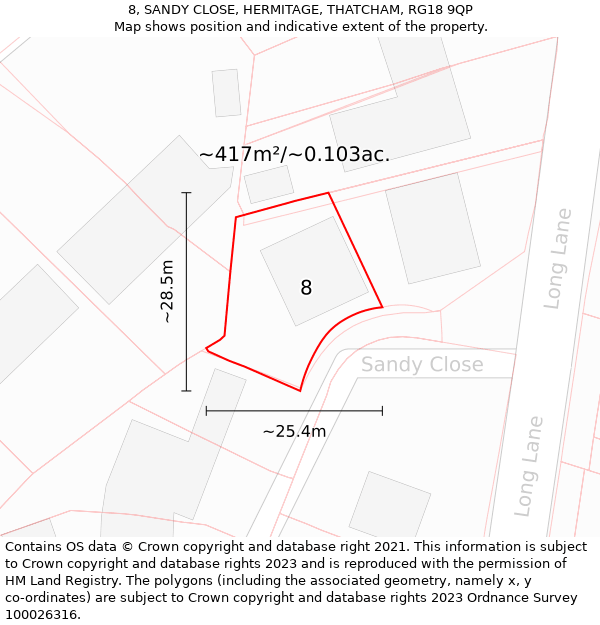 8, SANDY CLOSE, HERMITAGE, THATCHAM, RG18 9QP: Plot and title map