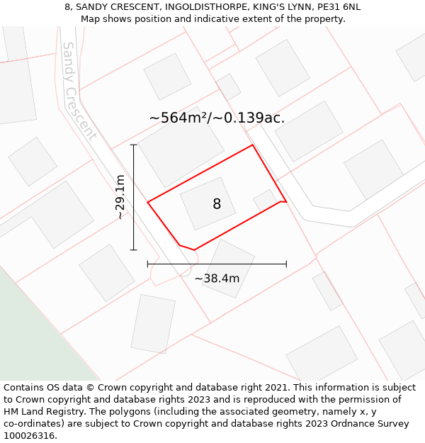 8, SANDY CRESCENT, INGOLDISTHORPE, KING'S LYNN, PE31 6NL: Plot and title map