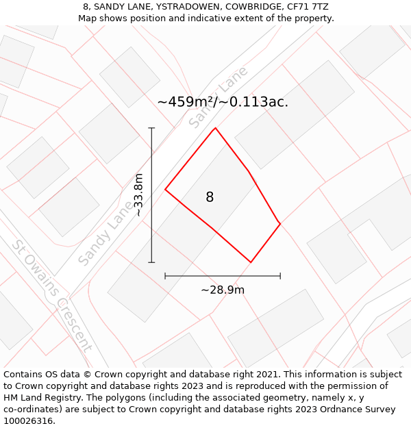 8, SANDY LANE, YSTRADOWEN, COWBRIDGE, CF71 7TZ: Plot and title map