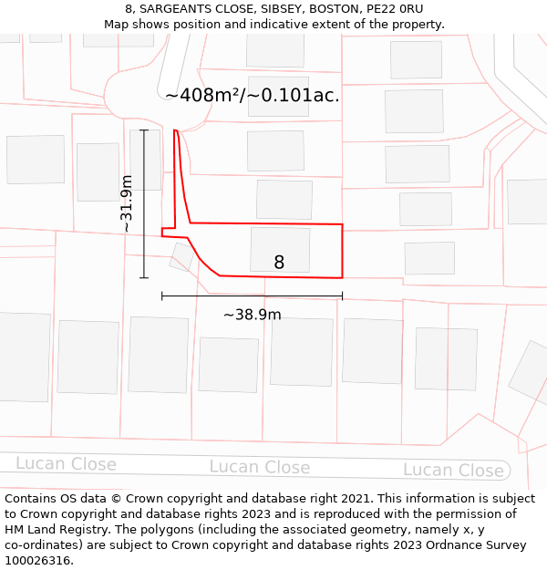 8, SARGEANTS CLOSE, SIBSEY, BOSTON, PE22 0RU: Plot and title map