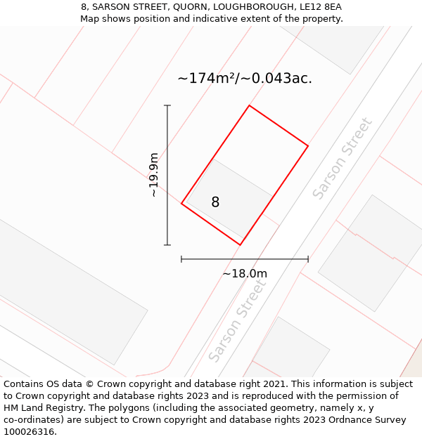 8, SARSON STREET, QUORN, LOUGHBOROUGH, LE12 8EA: Plot and title map