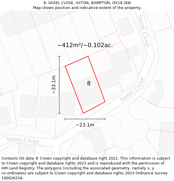 8, SAXEL CLOSE, ASTON, BAMPTON, OX18 2EB: Plot and title map