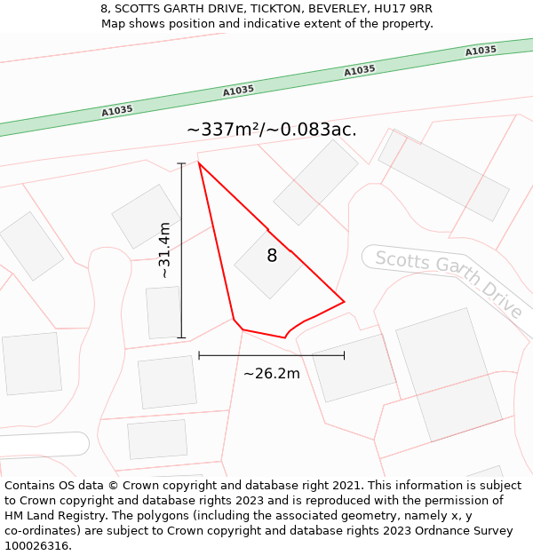 8, SCOTTS GARTH DRIVE, TICKTON, BEVERLEY, HU17 9RR: Plot and title map