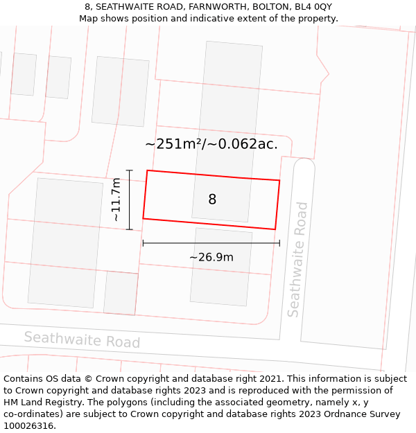 8, SEATHWAITE ROAD, FARNWORTH, BOLTON, BL4 0QY: Plot and title map