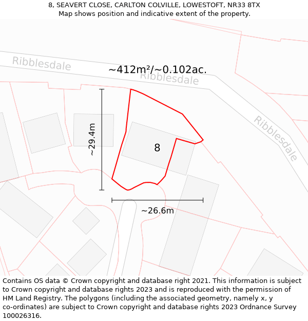 8, SEAVERT CLOSE, CARLTON COLVILLE, LOWESTOFT, NR33 8TX: Plot and title map