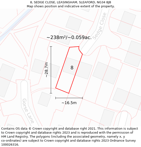 8, SEDGE CLOSE, LEASINGHAM, SLEAFORD, NG34 8JB: Plot and title map