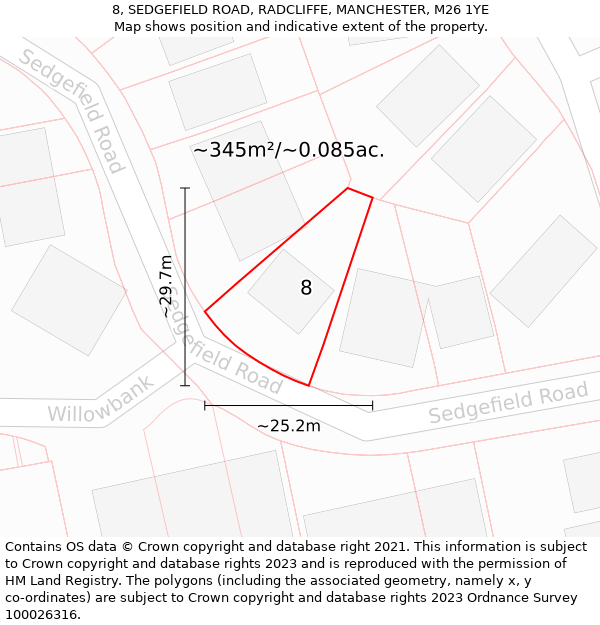 8, SEDGEFIELD ROAD, RADCLIFFE, MANCHESTER, M26 1YE: Plot and title map