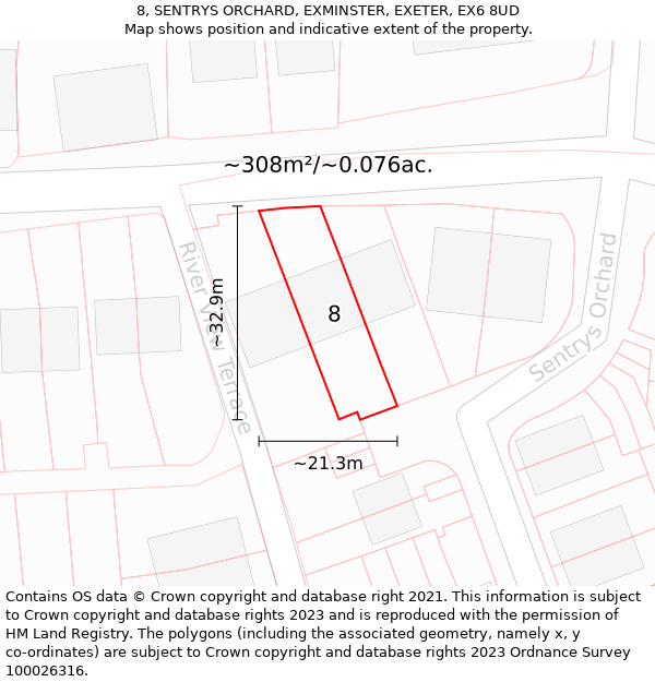 8, SENTRYS ORCHARD, EXMINSTER, EXETER, EX6 8UD: Plot and title map