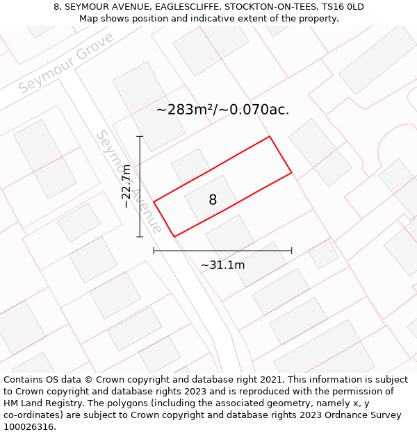 8, SEYMOUR AVENUE, EAGLESCLIFFE, STOCKTON-ON-TEES, TS16 0LD: Plot and title map