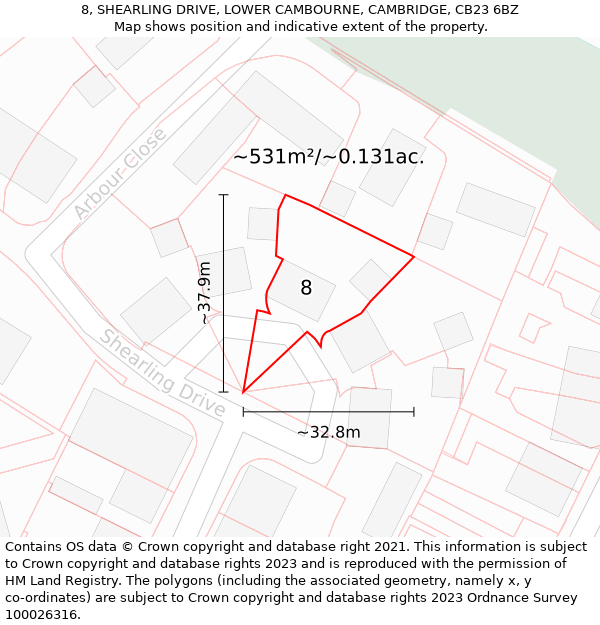 8, SHEARLING DRIVE, LOWER CAMBOURNE, CAMBRIDGE, CB23 6BZ: Plot and title map