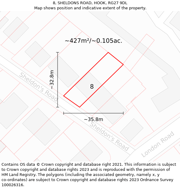 8, SHELDONS ROAD, HOOK, RG27 9DL: Plot and title map