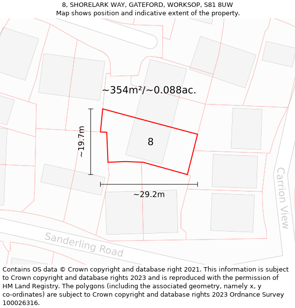 8, SHORELARK WAY, GATEFORD, WORKSOP, S81 8UW: Plot and title map