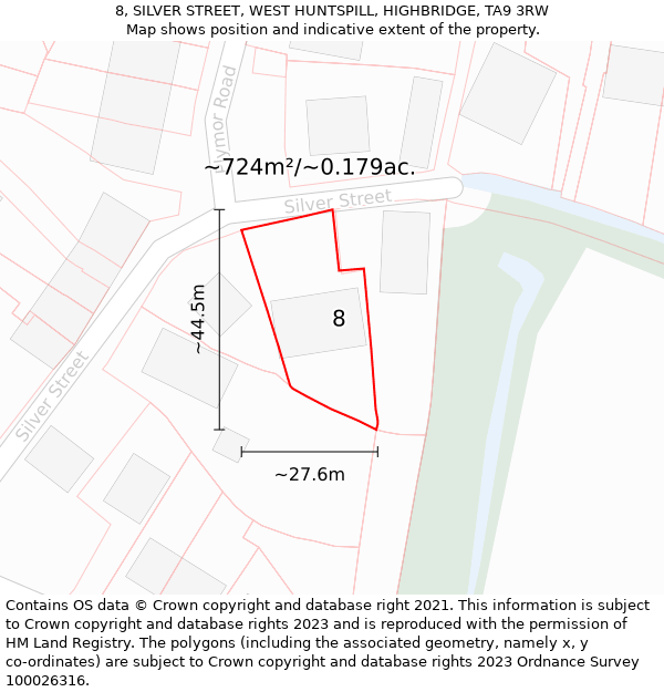 8, SILVER STREET, WEST HUNTSPILL, HIGHBRIDGE, TA9 3RW: Plot and title map