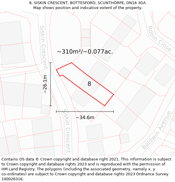 8, SISKIN CRESCENT, BOTTESFORD, SCUNTHORPE, DN16 3GA: Plot and title map