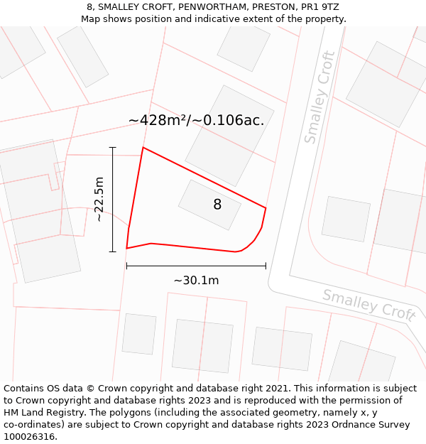 8, SMALLEY CROFT, PENWORTHAM, PRESTON, PR1 9TZ: Plot and title map