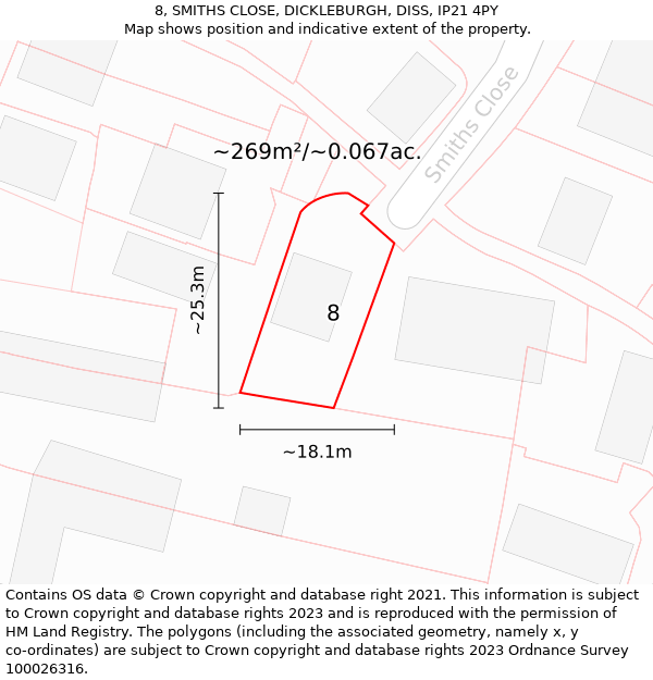 8, SMITHS CLOSE, DICKLEBURGH, DISS, IP21 4PY: Plot and title map