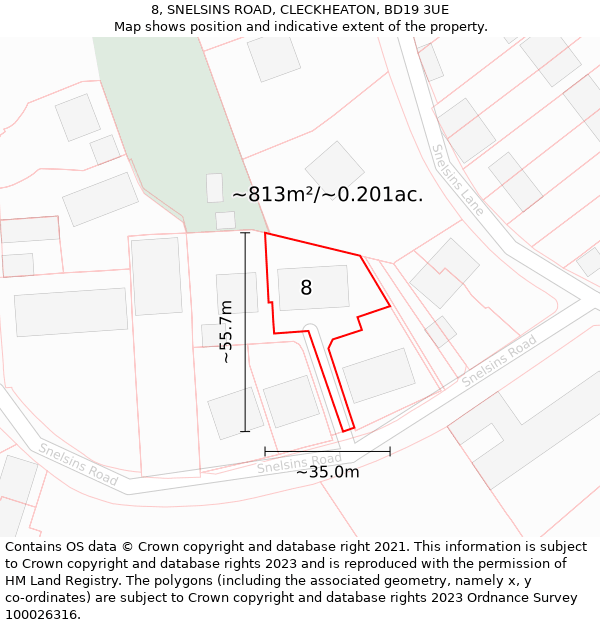 8, SNELSINS ROAD, CLECKHEATON, BD19 3UE: Plot and title map