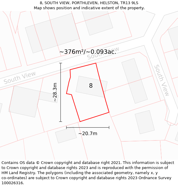 8, SOUTH VIEW, PORTHLEVEN, HELSTON, TR13 9LS: Plot and title map