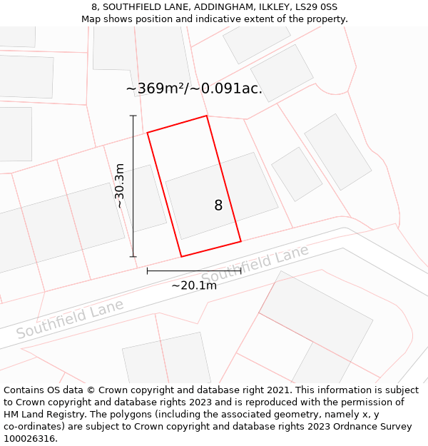 8, SOUTHFIELD LANE, ADDINGHAM, ILKLEY, LS29 0SS: Plot and title map