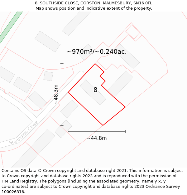 8, SOUTHSIDE CLOSE, CORSTON, MALMESBURY, SN16 0FL: Plot and title map