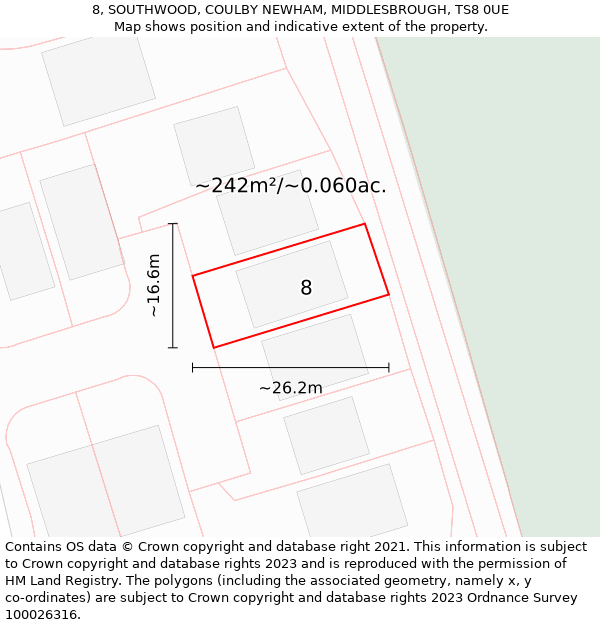 8, SOUTHWOOD, COULBY NEWHAM, MIDDLESBROUGH, TS8 0UE: Plot and title map