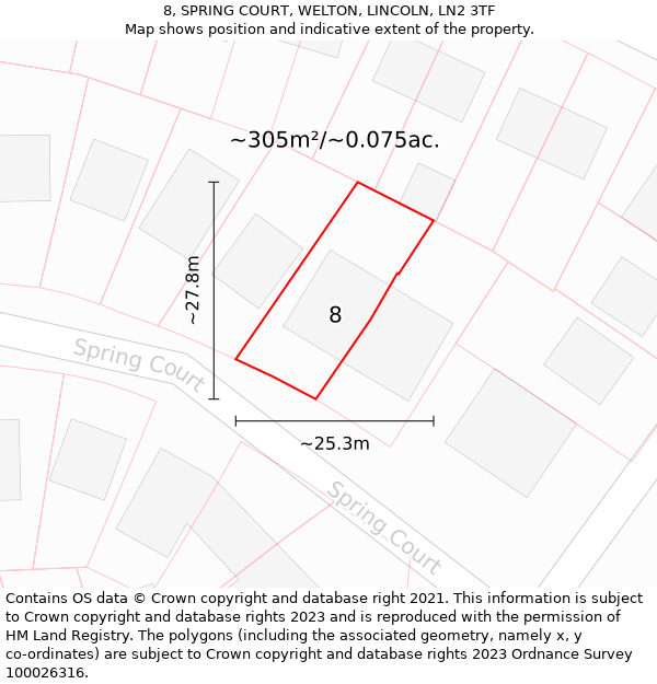 8, SPRING COURT, WELTON, LINCOLN, LN2 3TF: Plot and title map