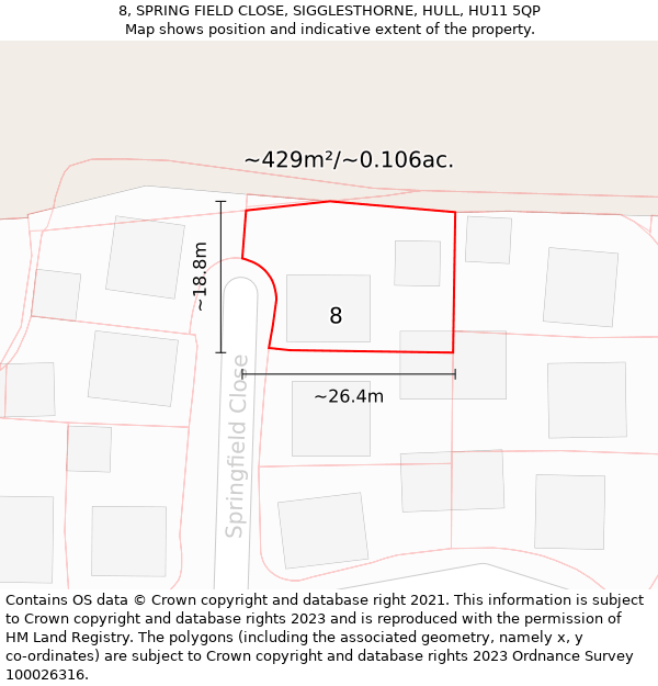 8, SPRING FIELD CLOSE, SIGGLESTHORNE, HULL, HU11 5QP: Plot and title map