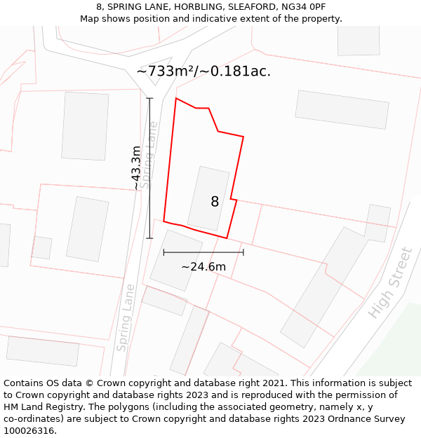 8, SPRING LANE, HORBLING, SLEAFORD, NG34 0PF: Plot and title map