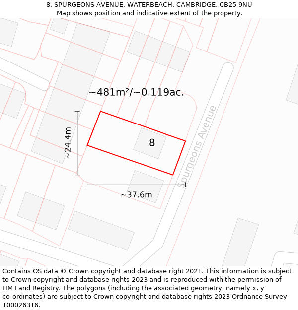 8, SPURGEONS AVENUE, WATERBEACH, CAMBRIDGE, CB25 9NU: Plot and title map