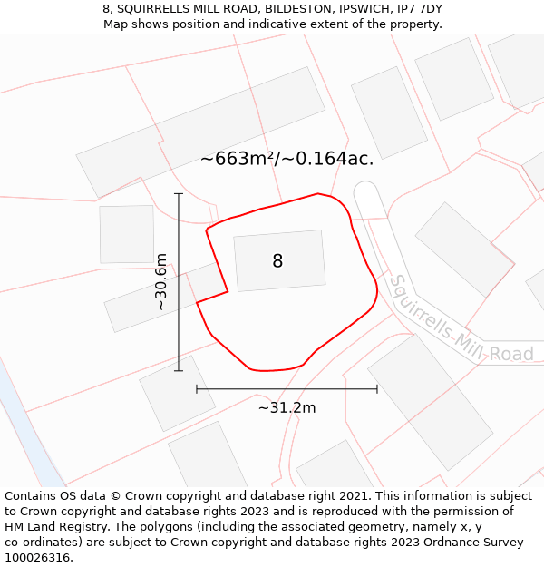 8, SQUIRRELLS MILL ROAD, BILDESTON, IPSWICH, IP7 7DY: Plot and title map