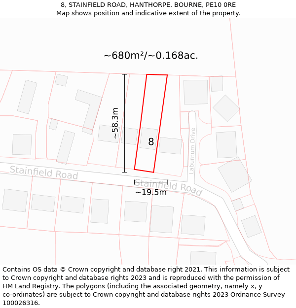 8, STAINFIELD ROAD, HANTHORPE, BOURNE, PE10 0RE: Plot and title map