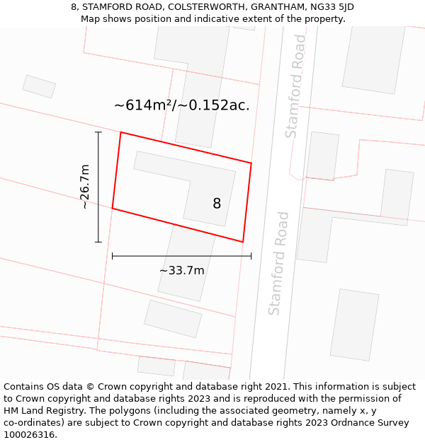 8, STAMFORD ROAD, COLSTERWORTH, GRANTHAM, NG33 5JD: Plot and title map