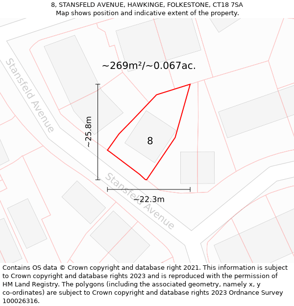 8, STANSFELD AVENUE, HAWKINGE, FOLKESTONE, CT18 7SA: Plot and title map