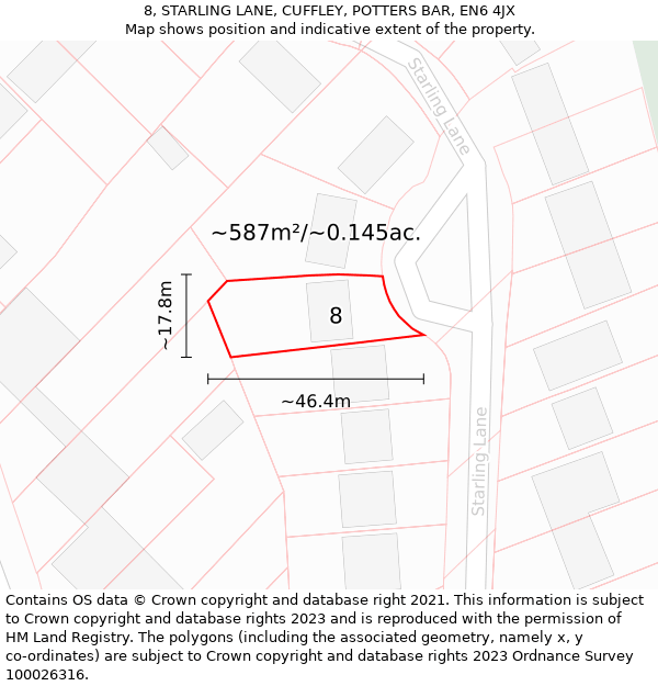 8, STARLING LANE, CUFFLEY, POTTERS BAR, EN6 4JX: Plot and title map