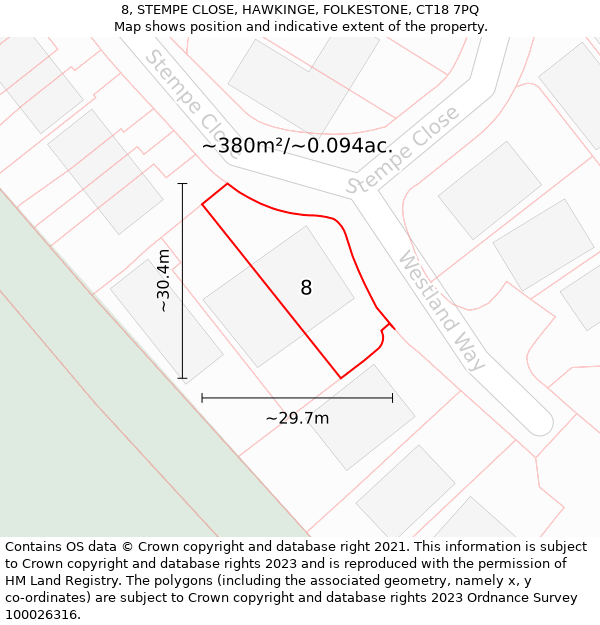 8, STEMPE CLOSE, HAWKINGE, FOLKESTONE, CT18 7PQ: Plot and title map