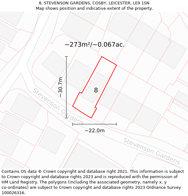 8, STEVENSON GARDENS, COSBY, LEICESTER, LE9 1SN: Plot and title map