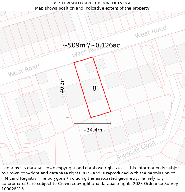 8, STEWARD DRIVE, CROOK, DL15 9GE: Plot and title map