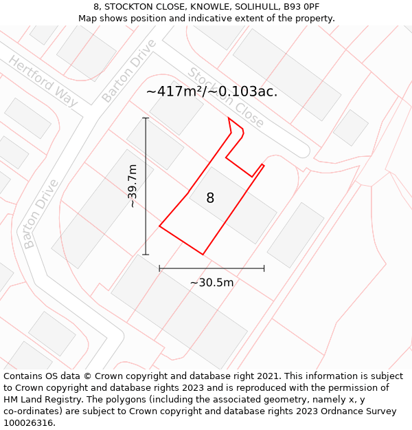 8, STOCKTON CLOSE, KNOWLE, SOLIHULL, B93 0PF: Plot and title map