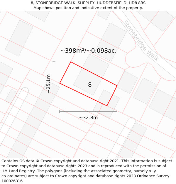 8, STONEBRIDGE WALK, SHEPLEY, HUDDERSFIELD, HD8 8BS: Plot and title map