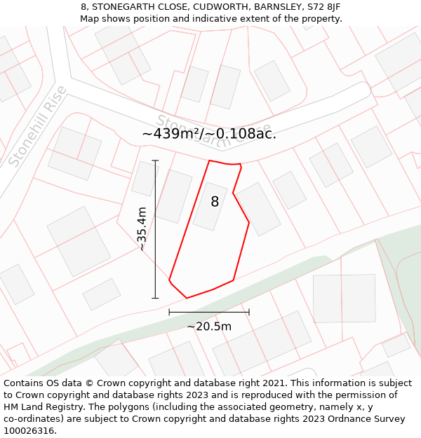 8, STONEGARTH CLOSE, CUDWORTH, BARNSLEY, S72 8JF: Plot and title map