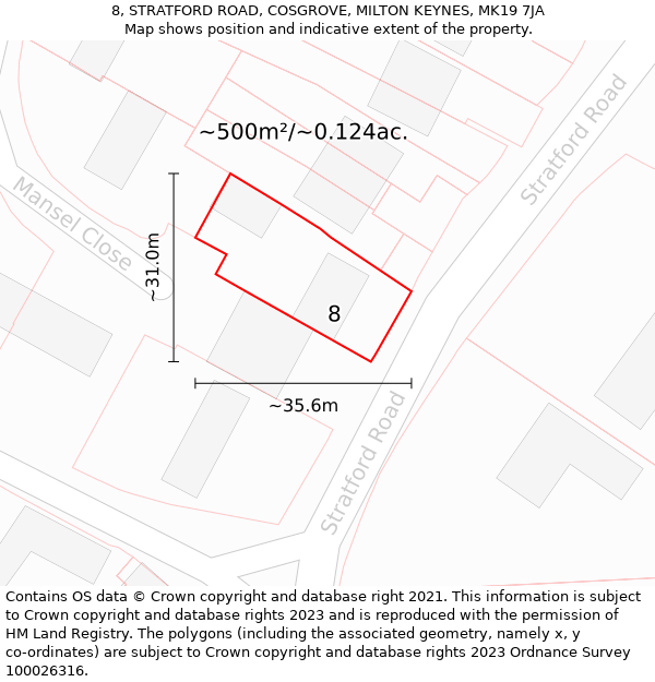 8, STRATFORD ROAD, COSGROVE, MILTON KEYNES, MK19 7JA: Plot and title map