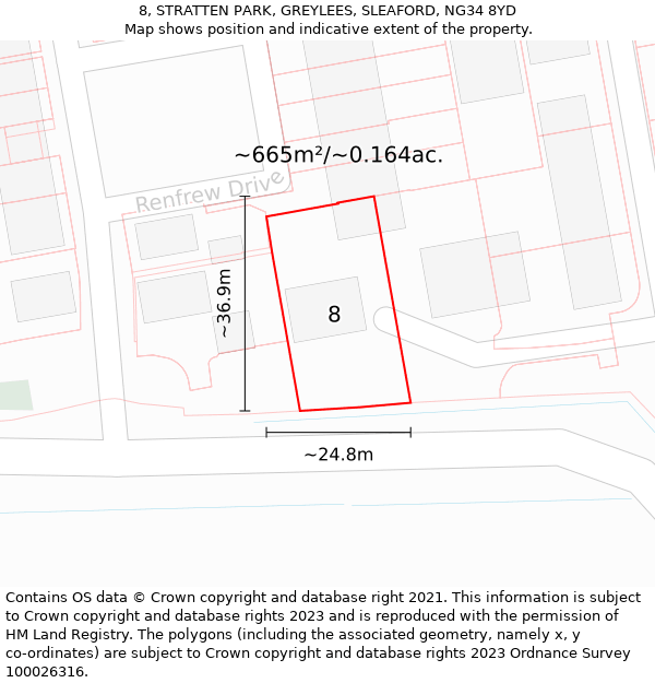 8, STRATTEN PARK, GREYLEES, SLEAFORD, NG34 8YD: Plot and title map