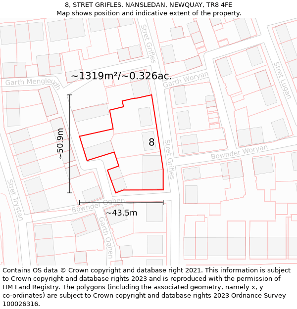 8, STRET GRIFLES, NANSLEDAN, NEWQUAY, TR8 4FE: Plot and title map