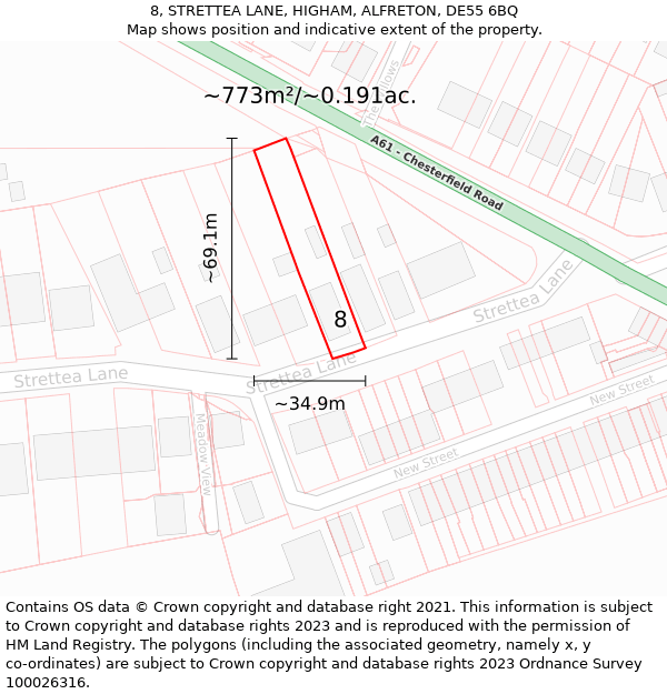 8, STRETTEA LANE, HIGHAM, ALFRETON, DE55 6BQ: Plot and title map