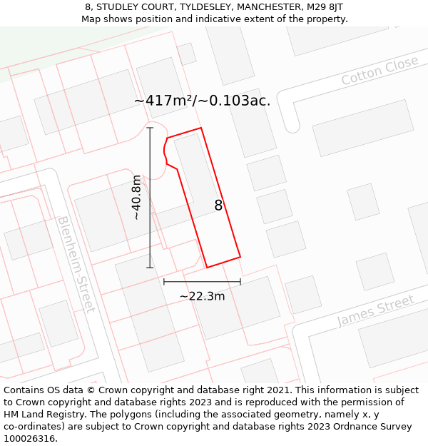 8, STUDLEY COURT, TYLDESLEY, MANCHESTER, M29 8JT: Plot and title map
