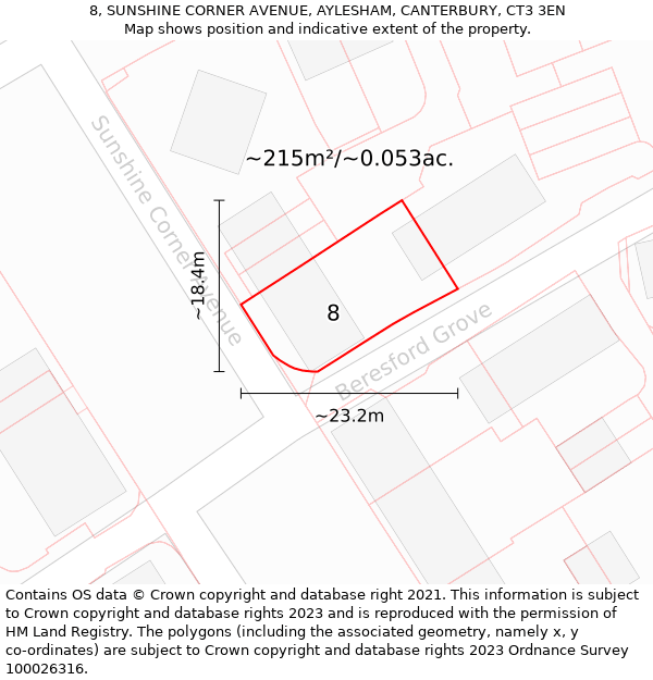 8, SUNSHINE CORNER AVENUE, AYLESHAM, CANTERBURY, CT3 3EN: Plot and title map