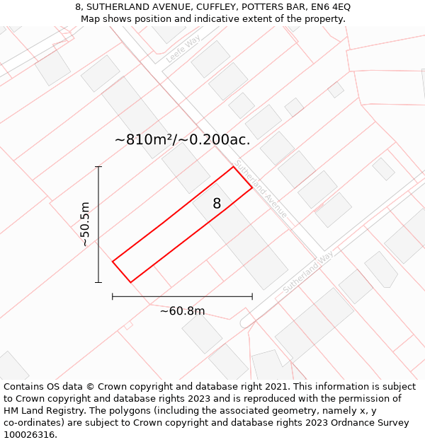 8, SUTHERLAND AVENUE, CUFFLEY, POTTERS BAR, EN6 4EQ: Plot and title map