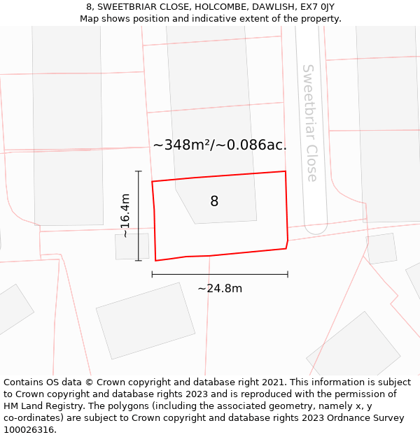 8, SWEETBRIAR CLOSE, HOLCOMBE, DAWLISH, EX7 0JY: Plot and title map